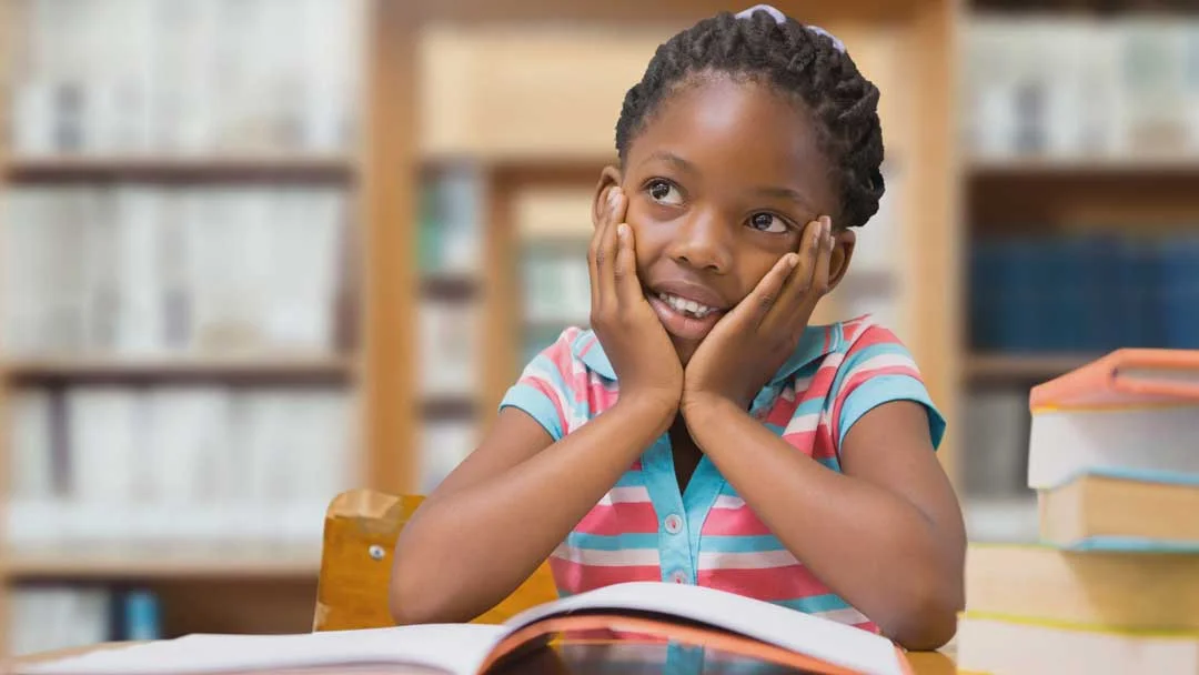 school girl in education library